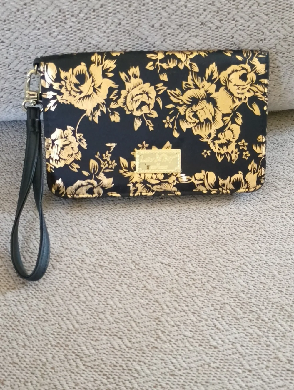 Betsy Johnson Gold Floral Print Black Wristlet Clutch